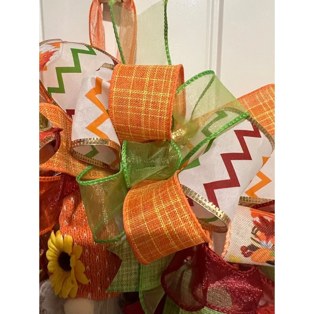 13 inch Ribbon Wreath Fall Autumn Thanksgiving Gnome MW6